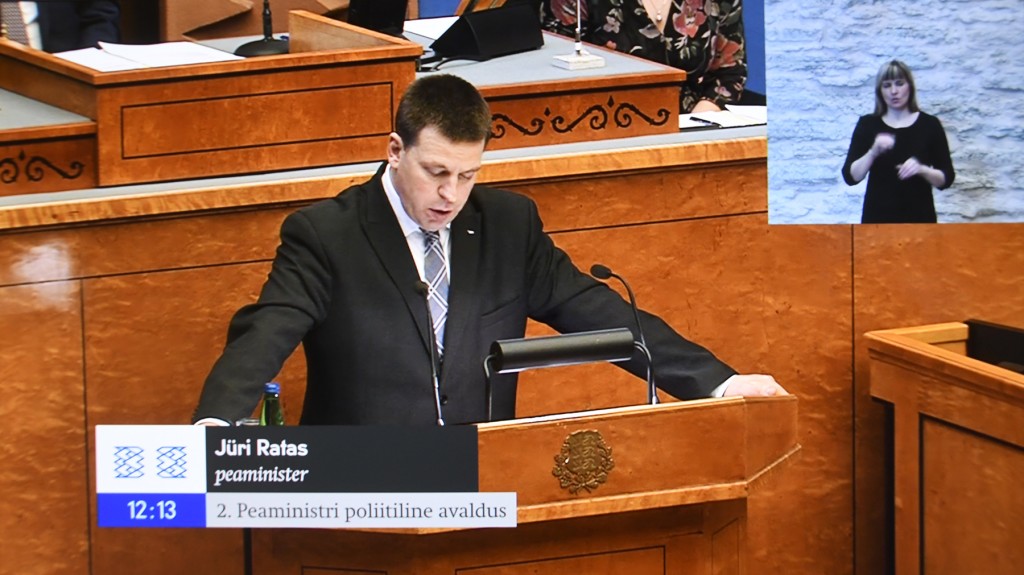 Peaminister Jüri Ratas. Kuvatõmmis Riigikogu istungi otseülekandest Peaminister Jüri Ratas. Kuvatõmmis Riigikogu istungi otseülekandest